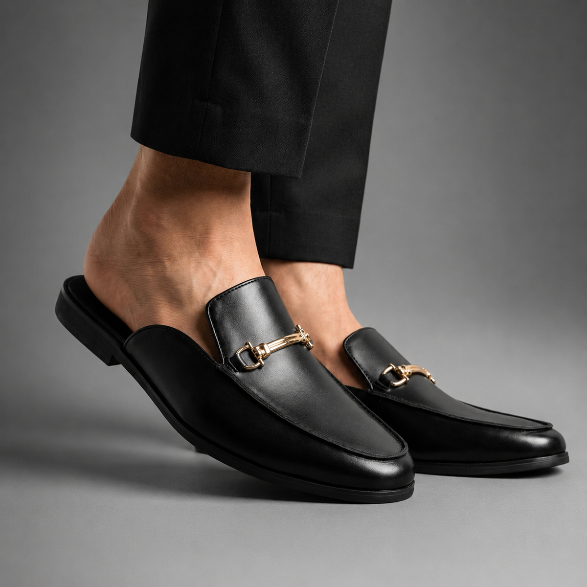 Men's Synthetic PU Mule Shoes – Open-Back Style with Metallic Accent