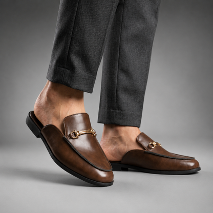 Men's Synthetic PU Mule Shoes – Open-Back Style with Metallic Accent