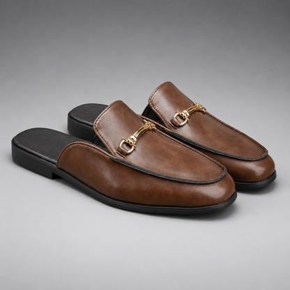 Men's Synthetic PU Mule Shoes – Open-Back Style with Metallic Accent