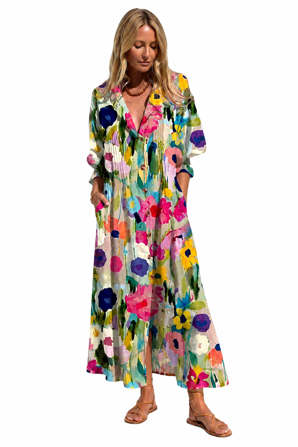 Women's Printed Maxi Shirt Dress – Lightweight and Versatile