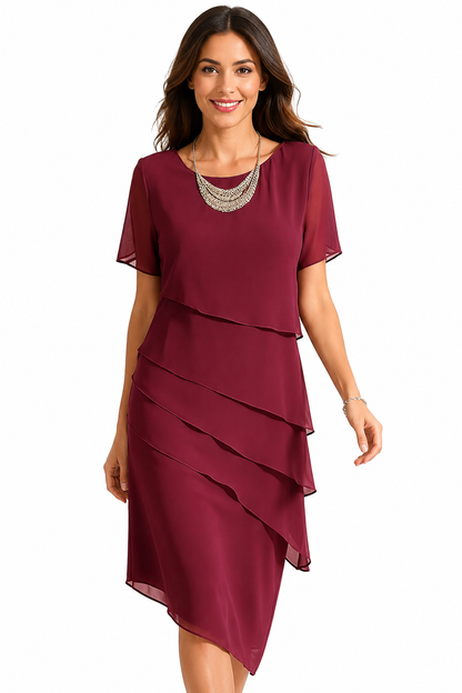 Women's Chiffon Midi Dress – Layered Design, Short-Sleeve Style