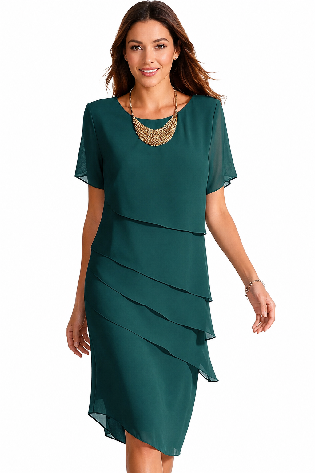 Women's Chiffon Midi Dress – Layered Design, Short-Sleeve Style
