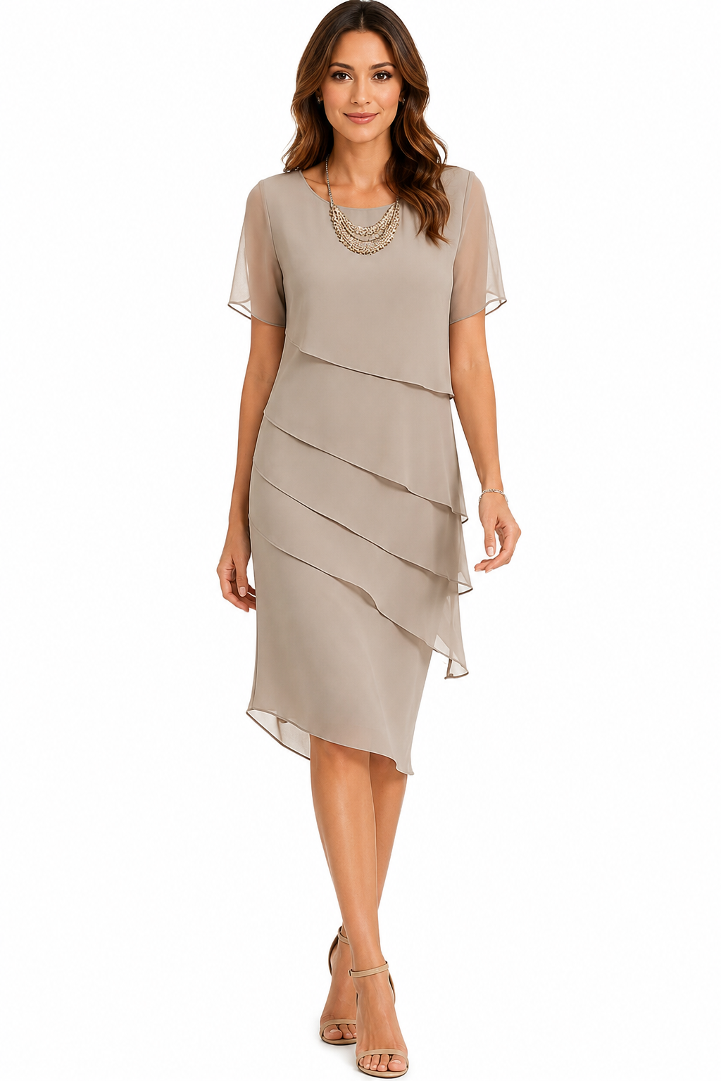 Women's Chiffon Midi Dress – Layered Design, Short-Sleeve Style