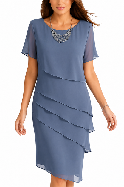 Women's Chiffon Midi Dress – Layered Design, Short-Sleeve Style