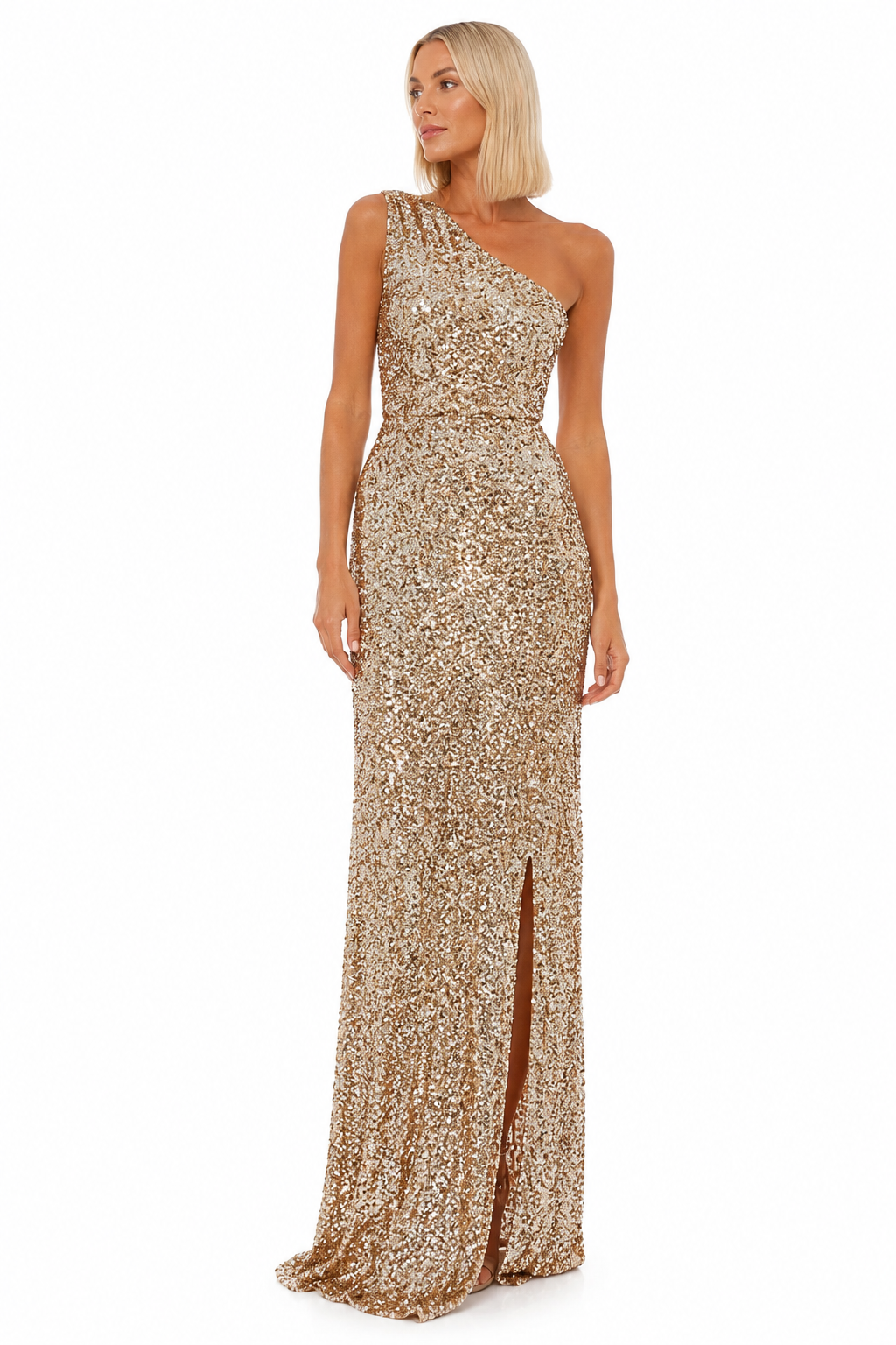 Women's Sequin Evening Dress – Off-Shoulder with Side Slit