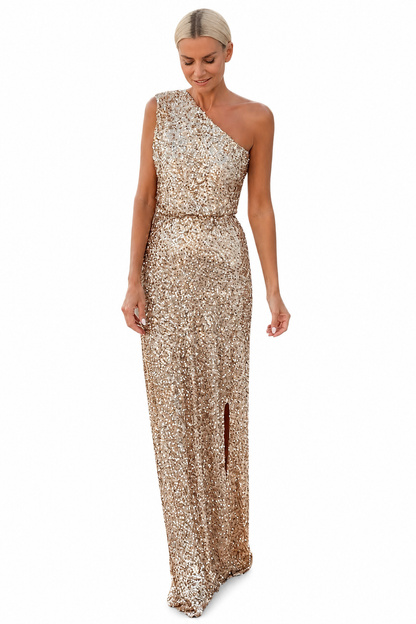 Women's Sequin Evening Dress – Off-Shoulder with Side Slit
