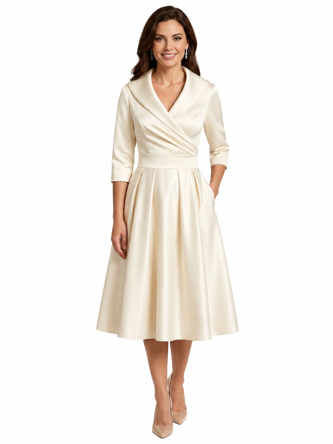 Women's Midi Dress – V Neckline with Pleated Waist