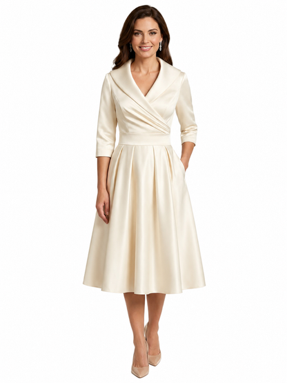 Women's Midi Dress – V Neckline with Pleated Waist
