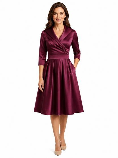 Women's Midi Dress – V Neckline with Pleated Waist
