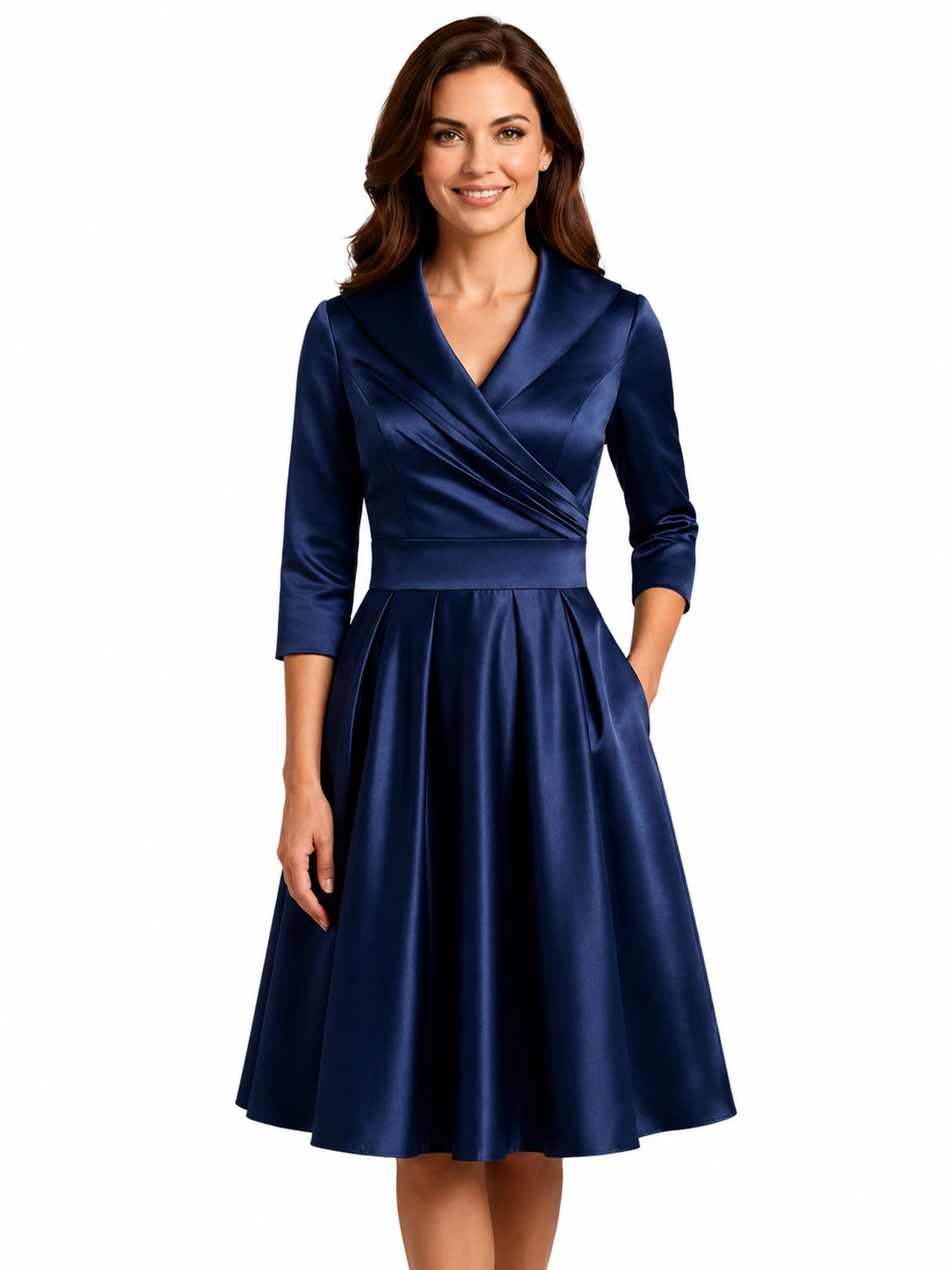 Women's Midi Dress – V Neckline with Pleated Waist