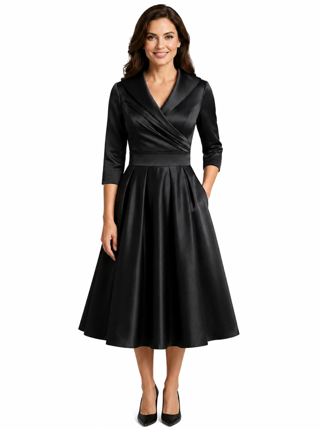 Women's Midi Dress – V Neckline with Pleated Waist