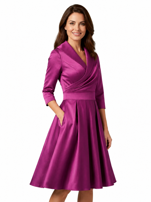 Women's Midi Dress – V Neckline with Pleated Waist