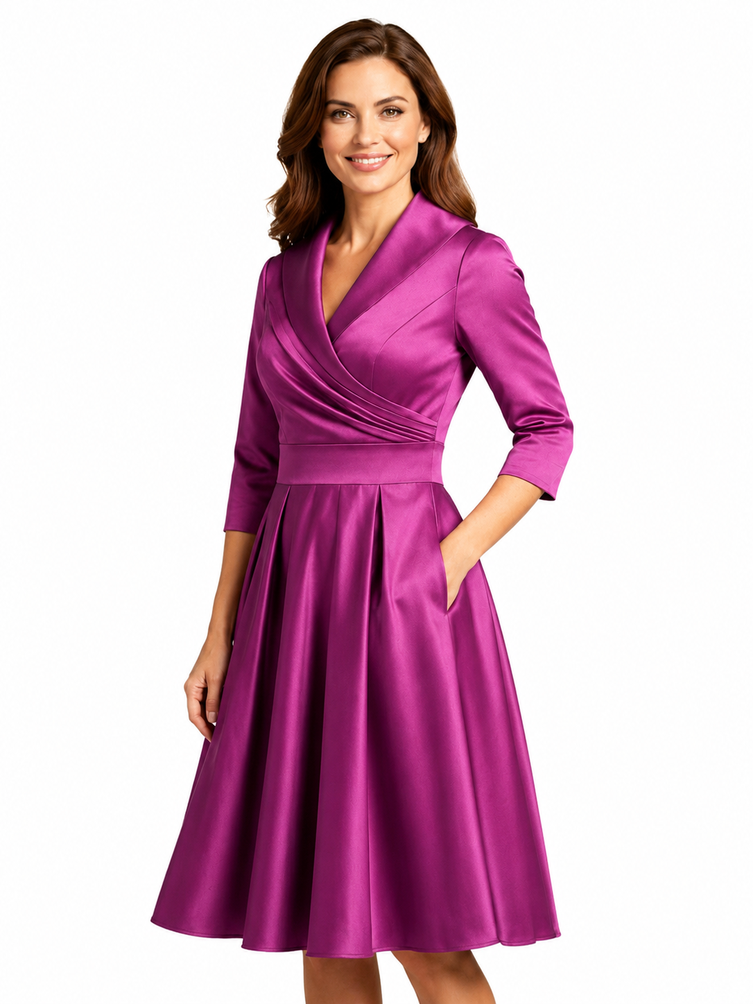 Women's Midi Dress – V Neckline with Pleated Waist