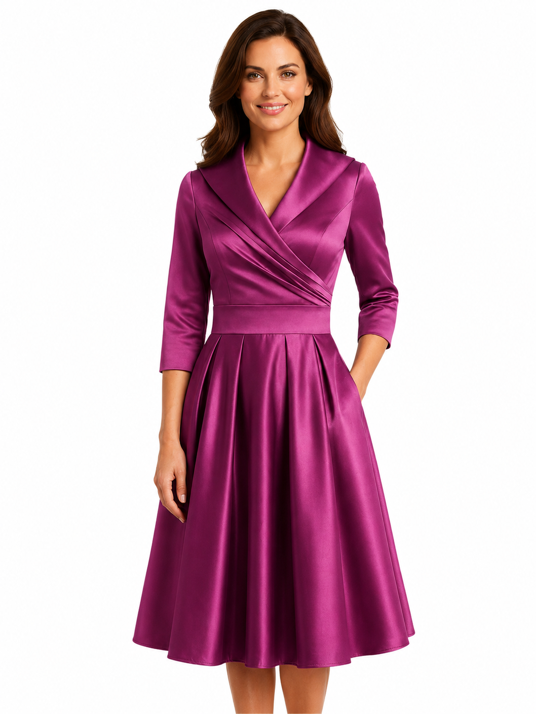 Women's Midi Dress – V Neckline with Pleated Waist