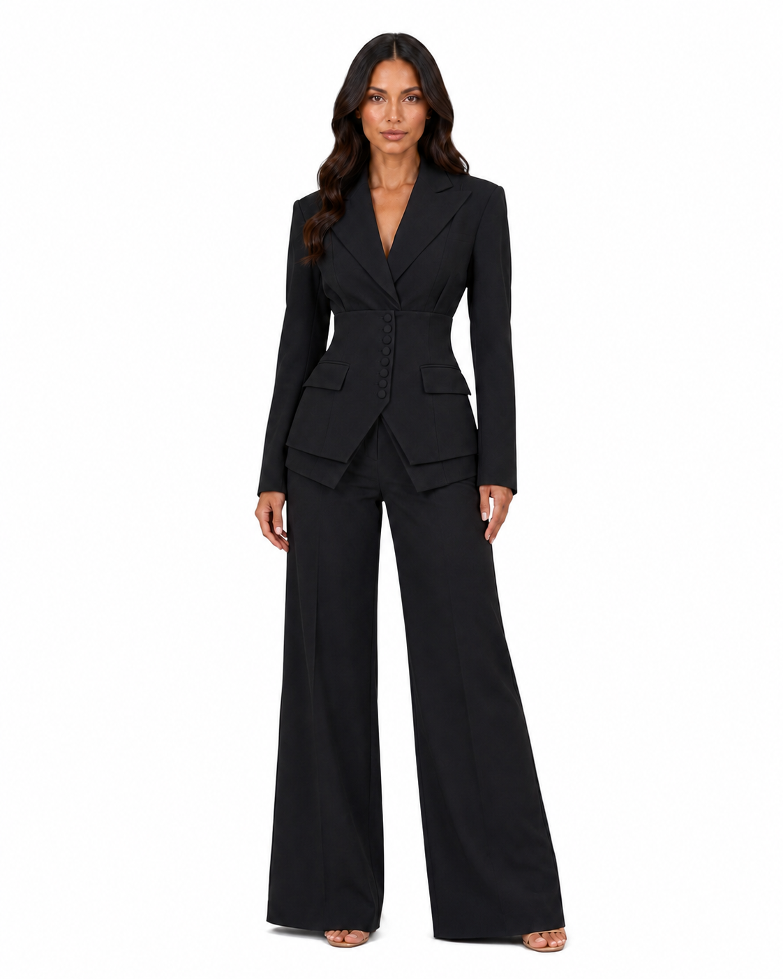 Women's Tailored Two-Piece Suit – Cinched Waist Blazer with Wide-Leg Trousers