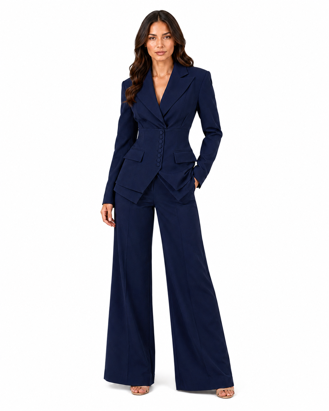 Women's Tailored Two-Piece Suit – Cinched Waist Blazer with Wide-Leg Trousers