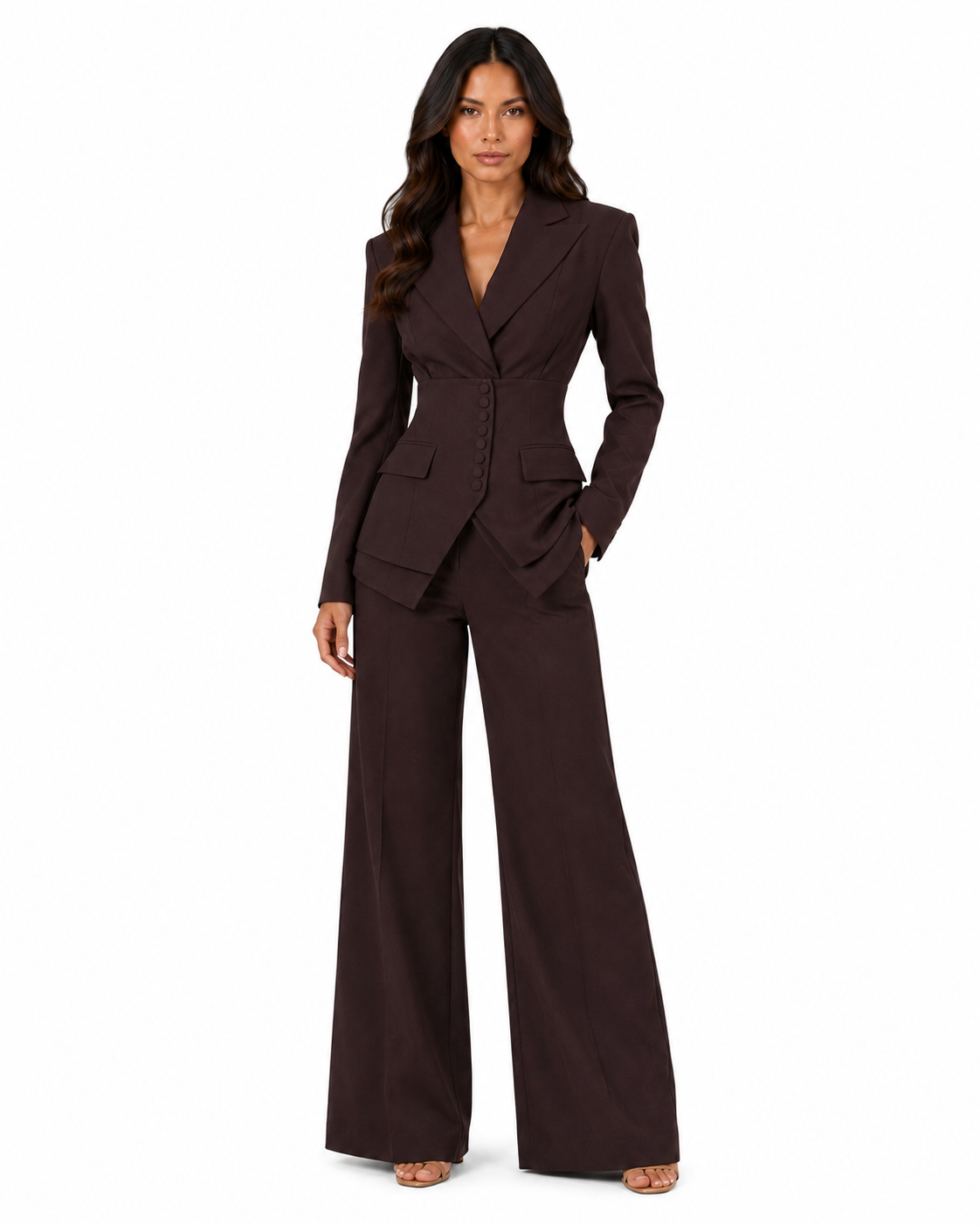 Women's Tailored Two-Piece Suit – Cinched Waist Blazer with Wide-Leg Trousers