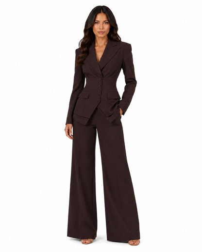 Women's Tailored Two-Piece Suit – Cinched Waist Blazer with Wide-Leg Trousers