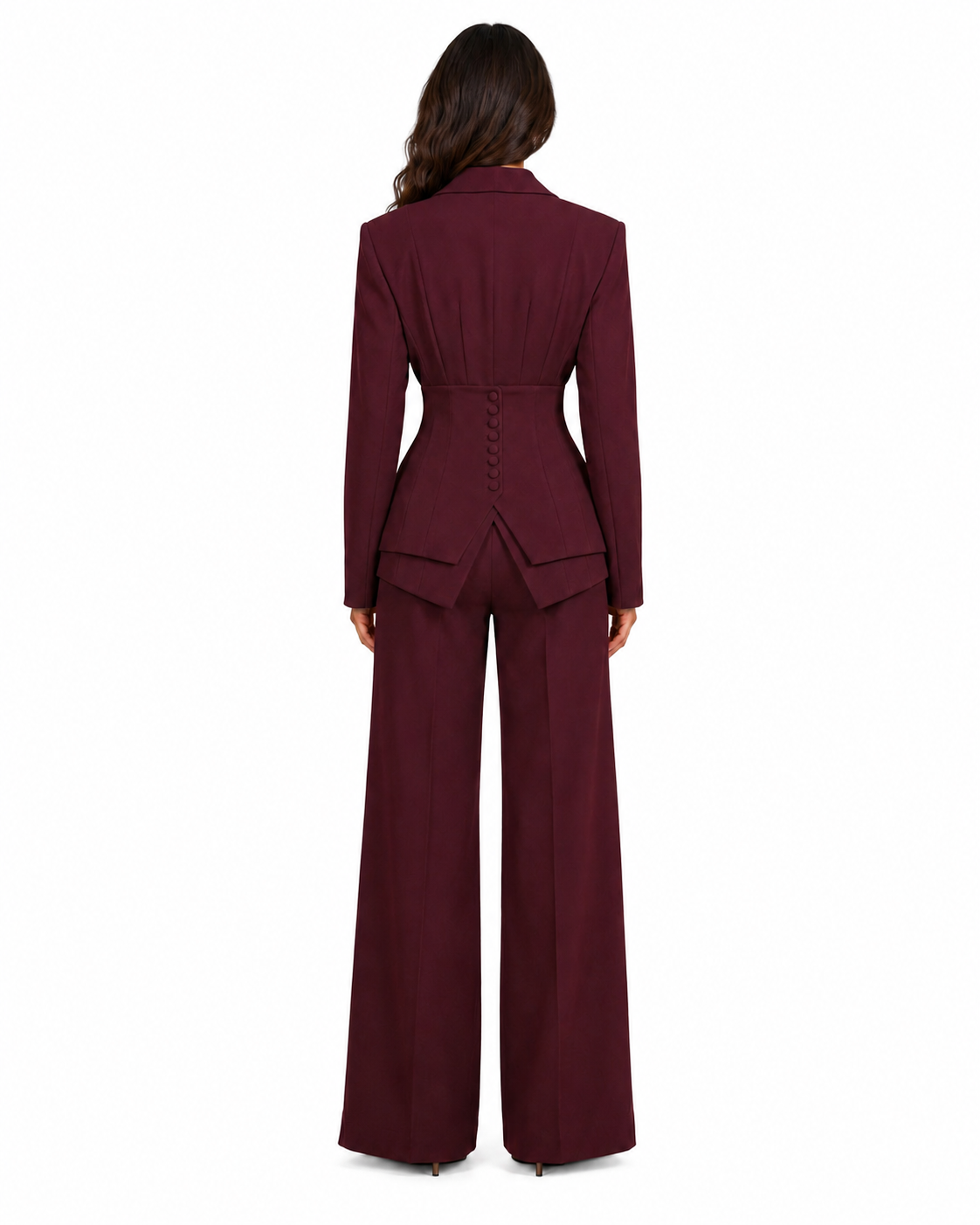 Women's Tailored Two-Piece Suit – Cinched Waist Blazer with Wide-Leg Trousers
