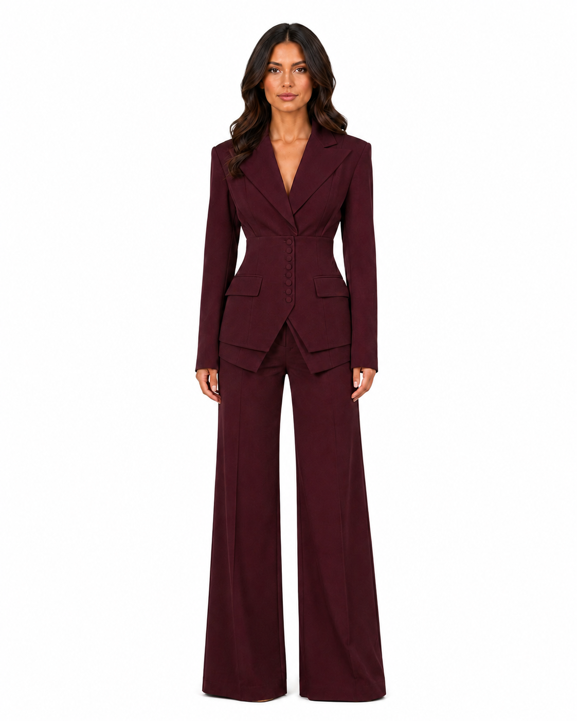 Women's Tailored Two-Piece Suit – Cinched Waist Blazer with Wide-Leg Trousers