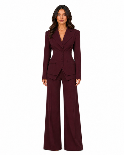 Women's Tailored Two-Piece Suit – Cinched Waist Blazer with Wide-Leg Trousers