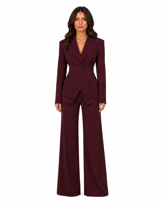 Women's Tailored Two-Piece Suit – Cinched Waist Blazer with Wide-Leg Trousers