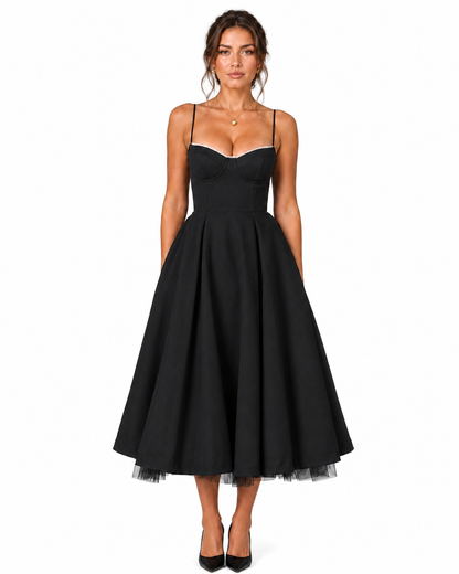 Women's Smooth Satin Midi Dress – Structured Corset Bodice with Full Skirt