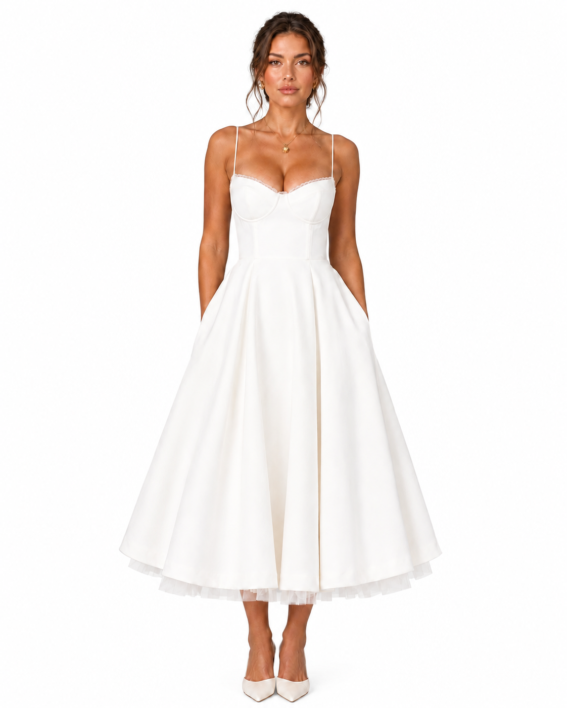 Women's Smooth Satin Midi Dress – Structured Corset Bodice with Full Skirt