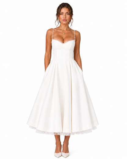 Women's Smooth Satin Midi Dress – Structured Corset Bodice with Full Skirt