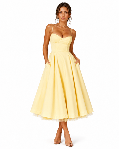 Women's Smooth Satin Midi Dress – Structured Corset Bodice with Full Skirt