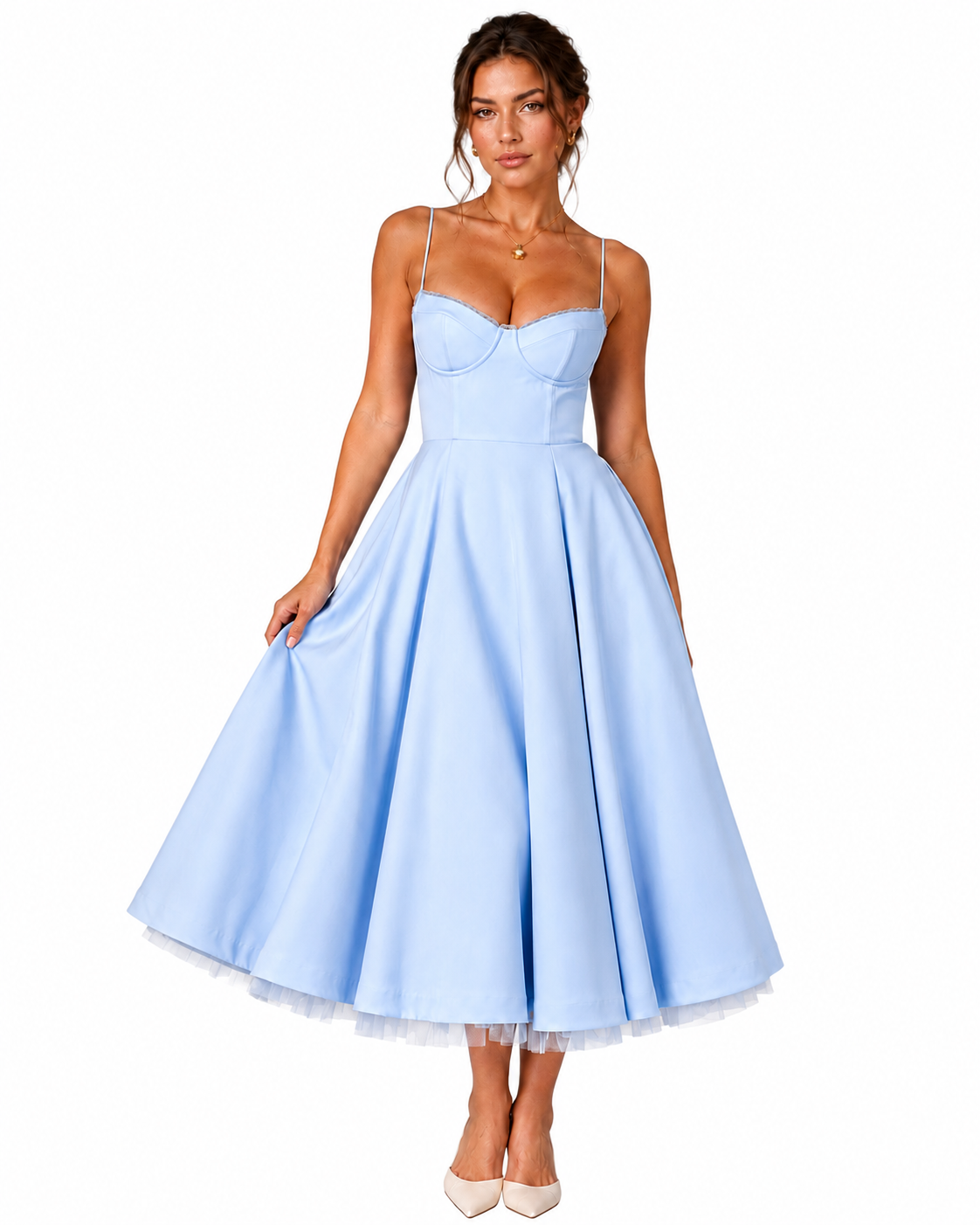 Women's Smooth Satin Midi Dress – Structured Corset Bodice with Full Skirt