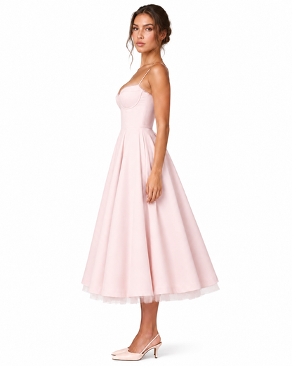 Women's Smooth Satin Midi Dress – Structured Corset Bodice with Full Skirt