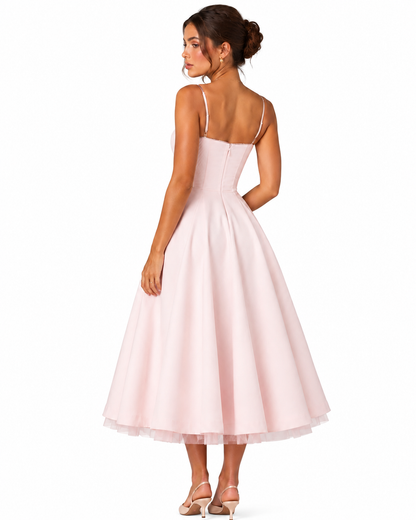 Women's Smooth Satin Midi Dress – Structured Corset Bodice with Full Skirt