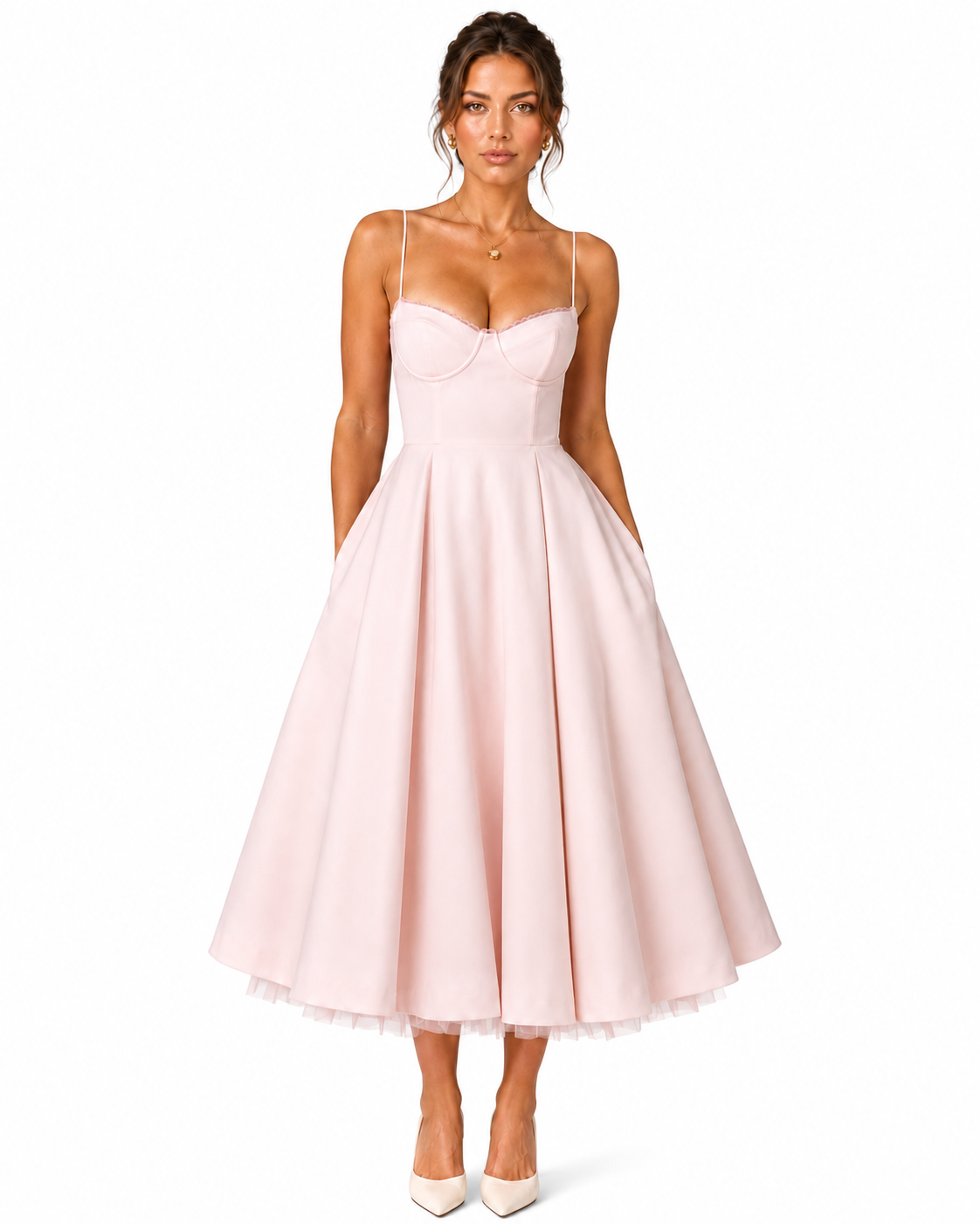 Women's Smooth Satin Midi Dress – Structured Corset Bodice with Full Skirt
