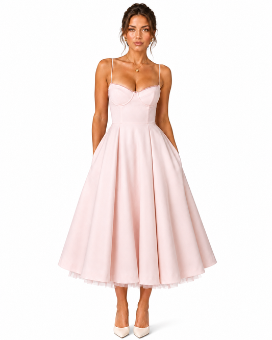 Women's Smooth Satin Midi Dress – Structured Corset Bodice with Full Skirt