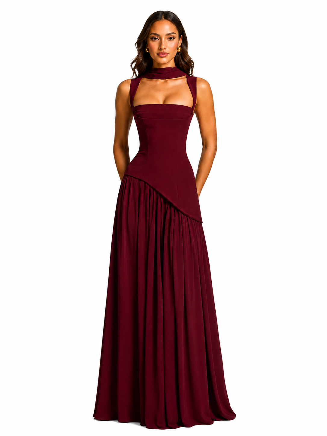 Women's Satin Feel Maxi Dress – Sculpted Bodice with Asymmetric Draped Skirt