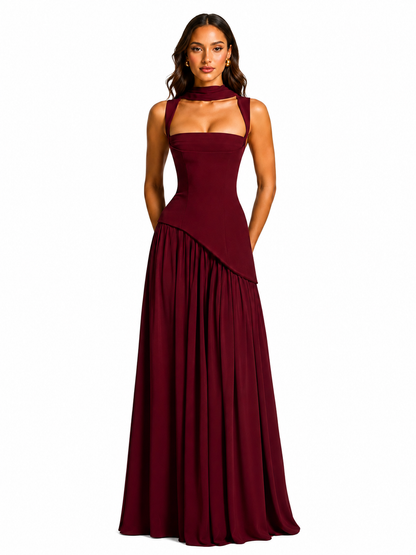 Women's Satin Feel Maxi Dress – Sculpted Bodice with Asymmetric Draped Skirt