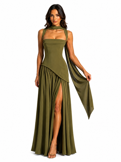 Women's Satin Feel Maxi Dress – Sculpted Bodice with Asymmetric Draped Skirt
