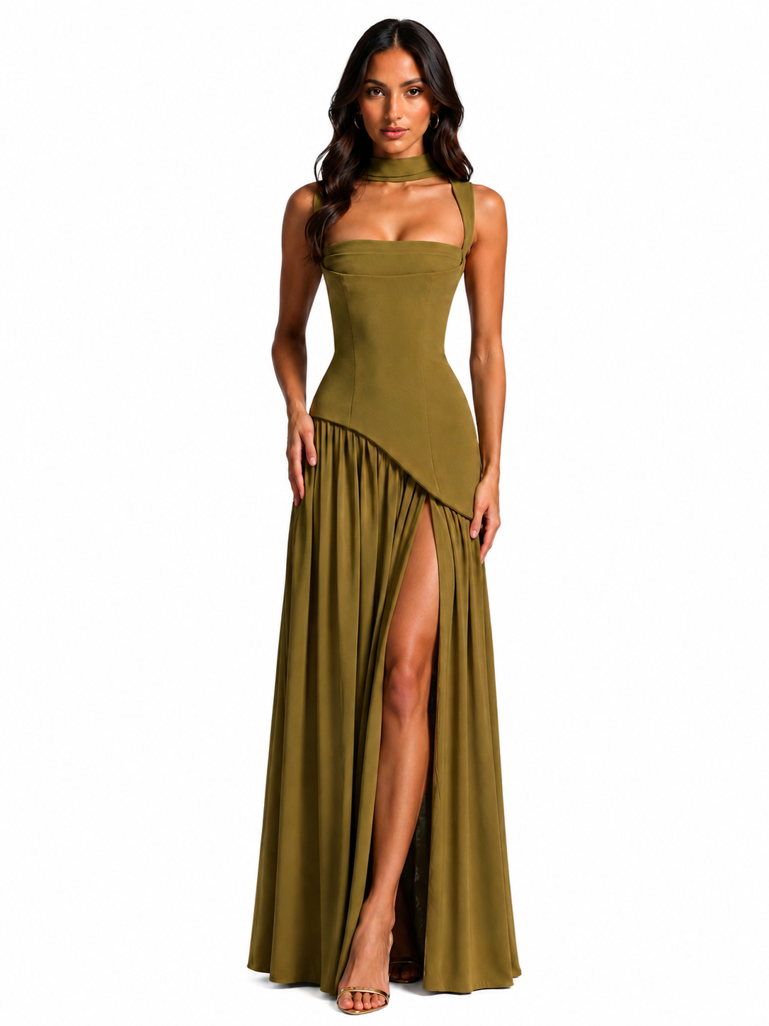Women's Satin Feel Maxi Dress – Sculpted Bodice with Asymmetric Draped Skirt