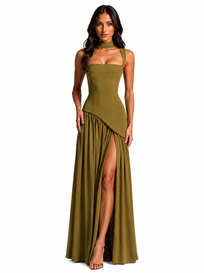 Women's Satin Feel Maxi Dress – Sculpted Bodice with Asymmetric Draped Skirt