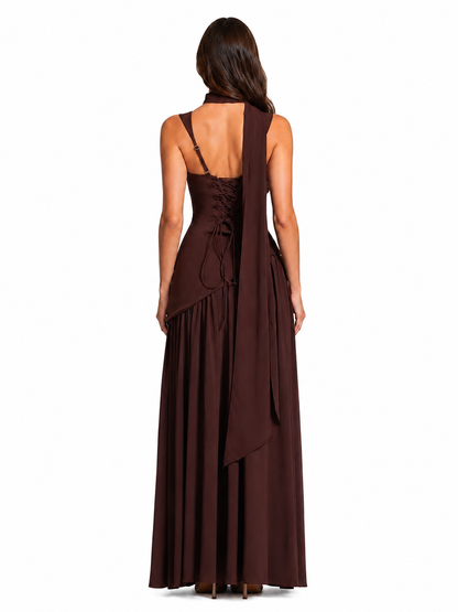 Women's Satin Feel Maxi Dress – Sculpted Bodice with Asymmetric Draped Skirt