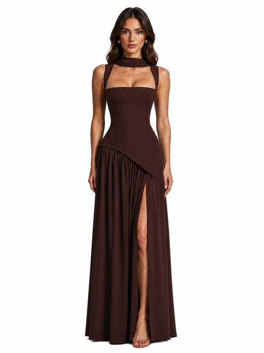Women's Satin Feel Maxi Dress – Sculpted Bodice with Asymmetric Draped Skirt