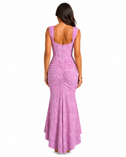 Women's Floral Maxi Dress – Corset Bodice with Asymmetrical Hem