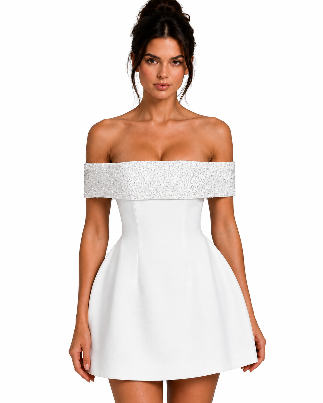 Women's Satin Mini Dress – Bardot Neckline with Bubble Skirt