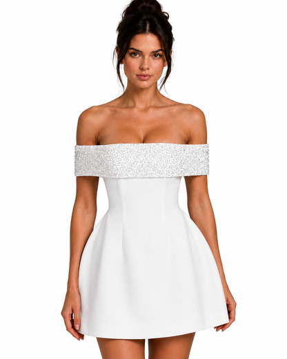 Women's Satin Mini Dress – Bardot Neckline with Bubble Skirt