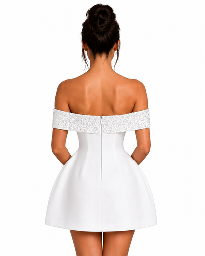 Women's Satin Mini Dress – Bardot Neckline with Bubble Skirt