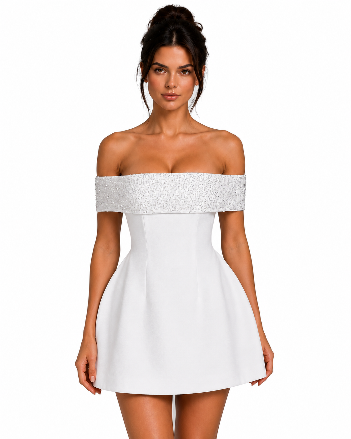 Women's Satin Mini Dress – Bardot Neckline with Bubble Skirt