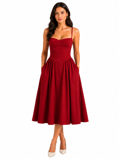 Women's Floral Corset Midi Dress – Sweetheart Neckline with Gathered Skirt