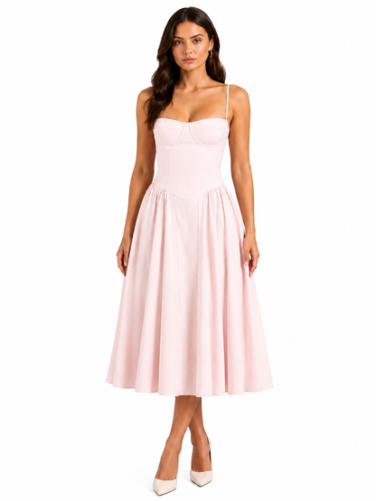 Women's Floral Corset Midi Dress – Sweetheart Neckline with Gathered Skirt
