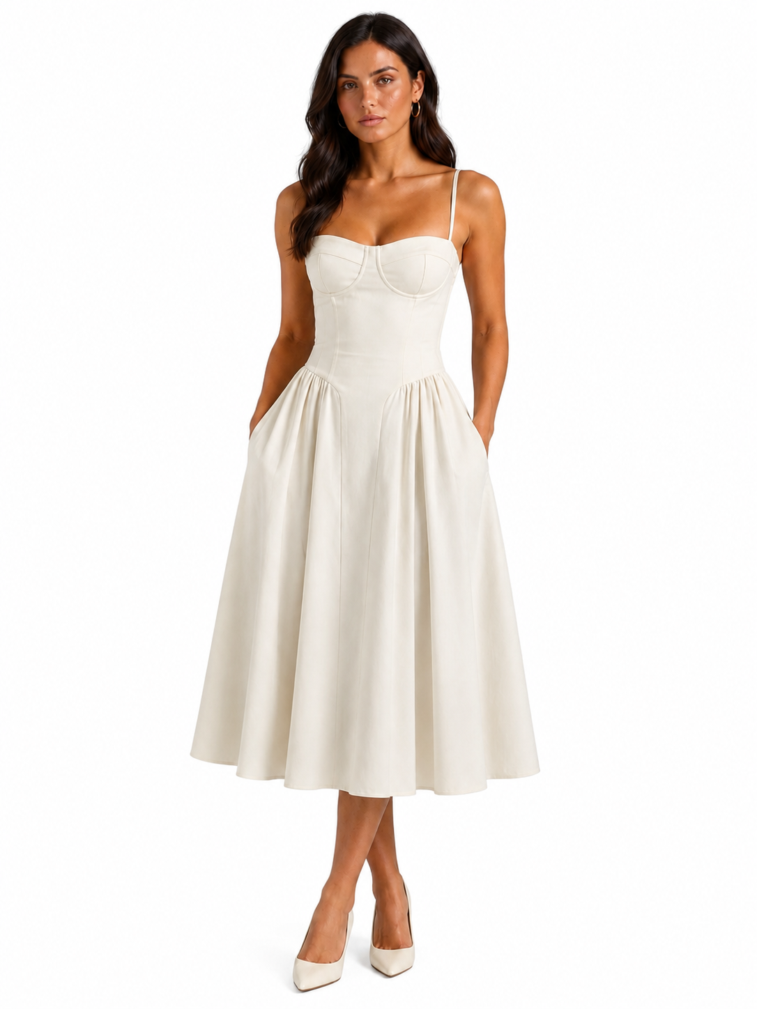 Women's Floral Corset Midi Dress – Sweetheart Neckline with Gathered Skirt